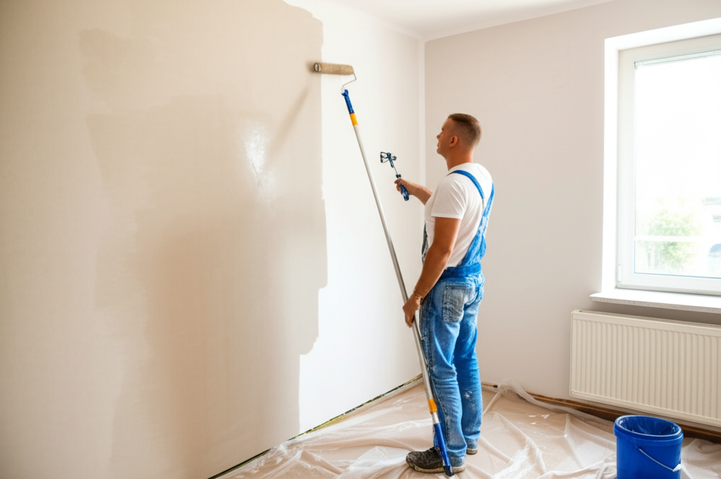 Worker painting finished drywall