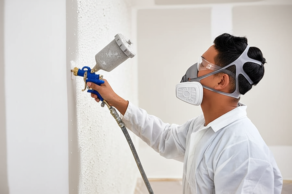 Worker applying texture to wall