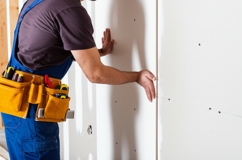 Professional installing new drywall