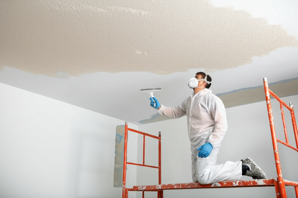 Worker removing popcorn ceiling