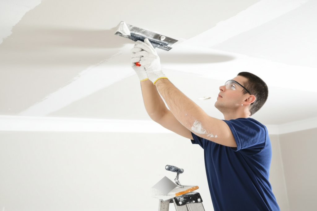 Worker repairing ceiling